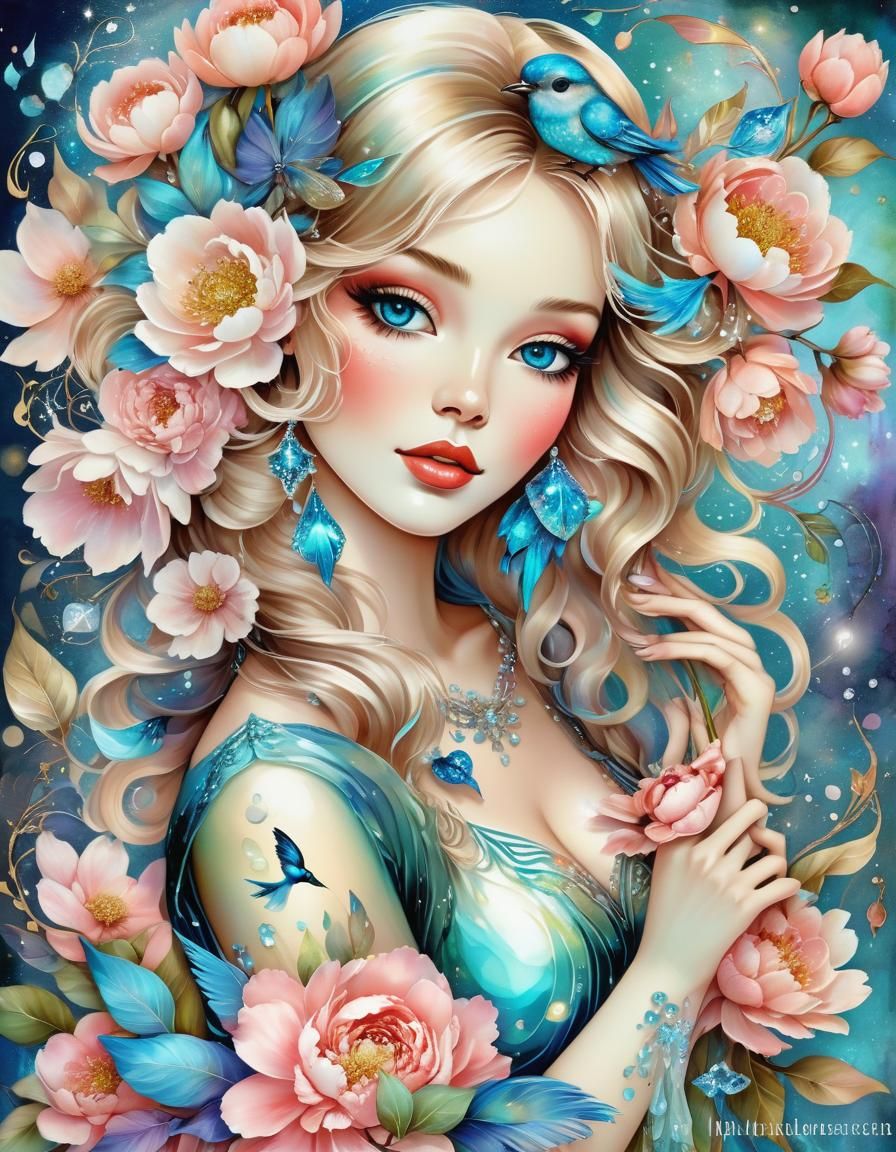 Glowing Alcohol Ink Art of Woman with Birds