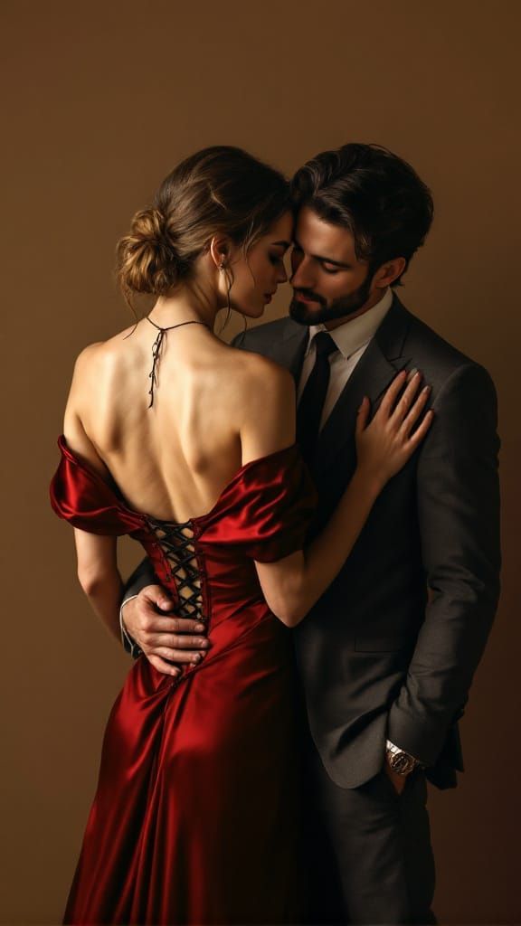 Intimate Portrait: Woman in Crimson Silk Gown