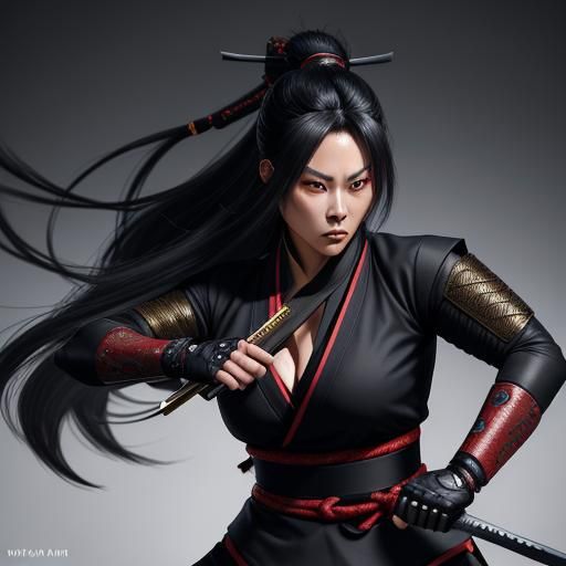 Female SAMURAI Ninja woman, hyper-detailed woman, jumping fighting pose, katana, long hair, big detailed MANGA eyes, per...