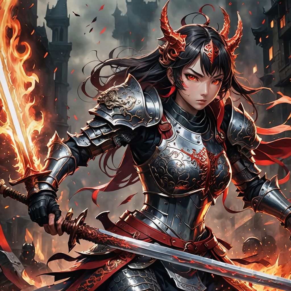 Anime Knight Battles Demon with Flaming Sword