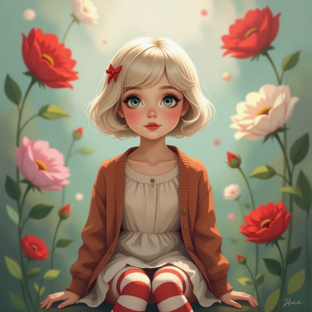 Whimsical Surrealist Portrait of a Girl with Floating Flower...