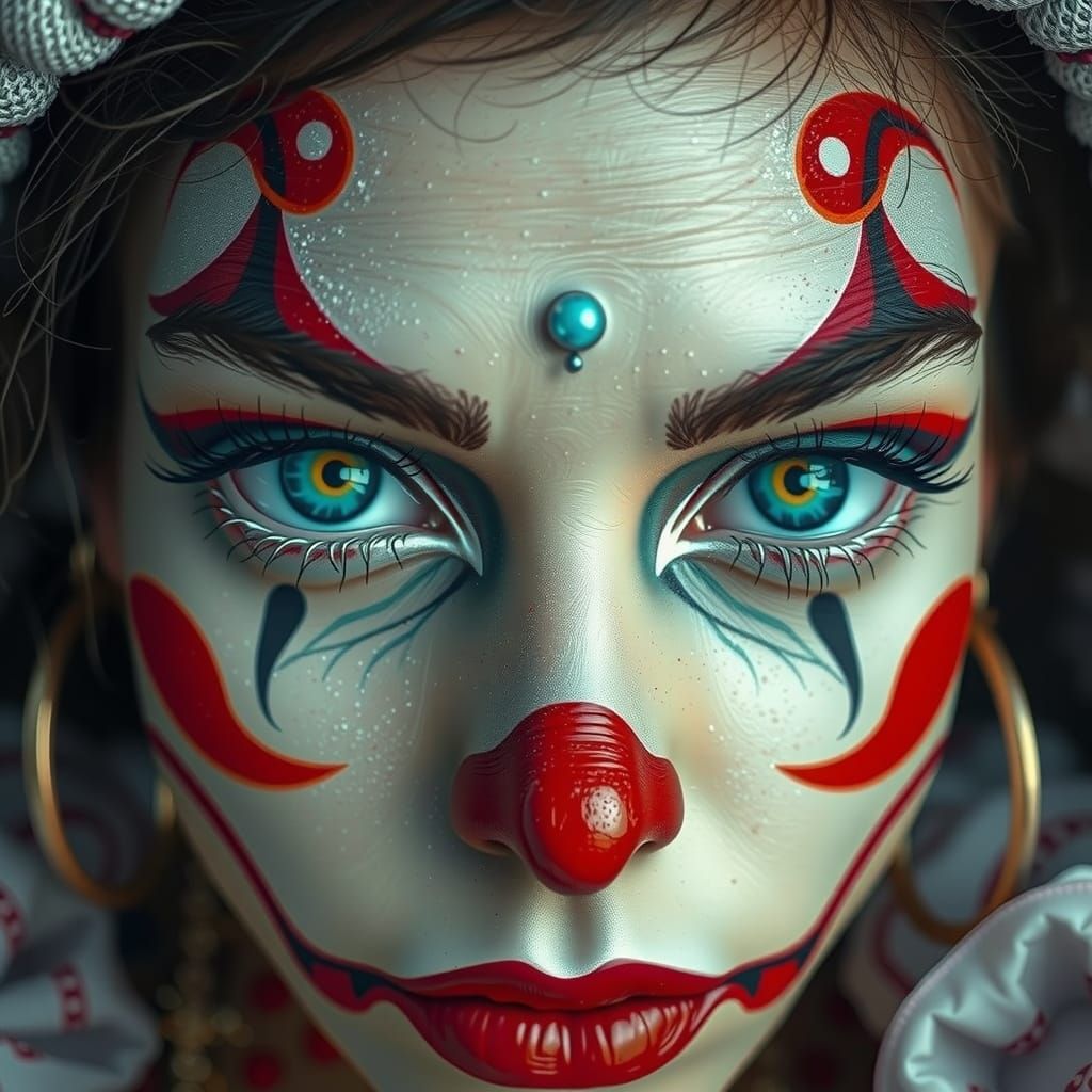 Woman's Azure Eyes with Bold Clown Makeup