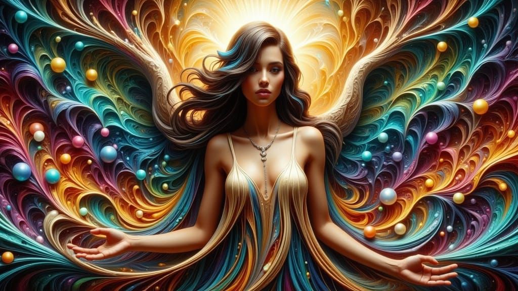 Surreal Art Nouveau Angel in Whimsical Fantasy Landscape