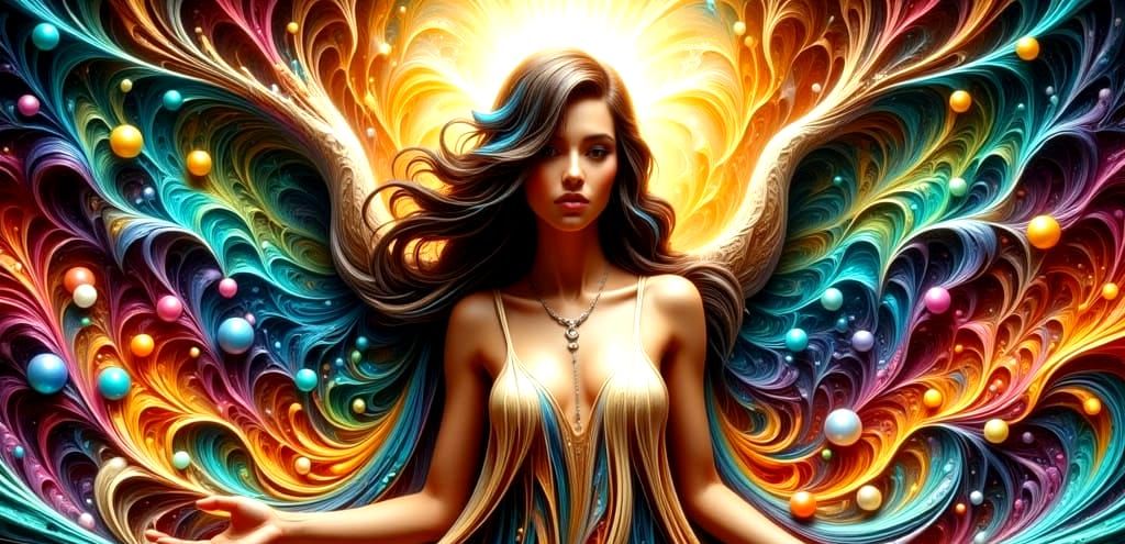 Surreal Art Nouveau Angel in Whimsical Fantasy Landscape