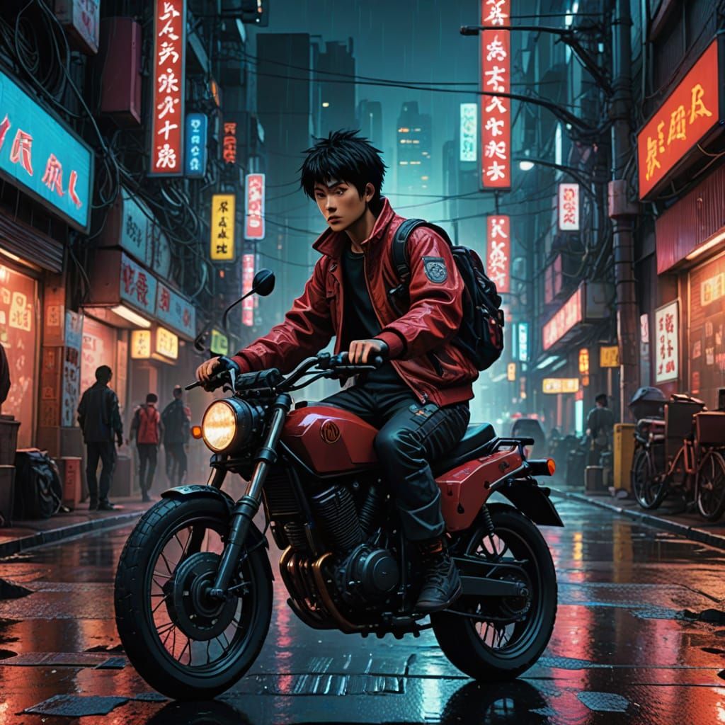 Cyberpunk Akira and Kaneda Ride Through Neon City