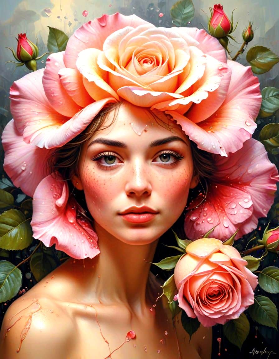The Rose Woman in Whimsical Oil Painting