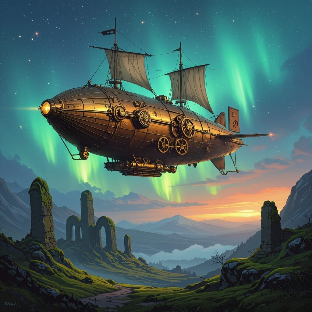 Steampunk Airship Navigates Aurora Borealis Sky