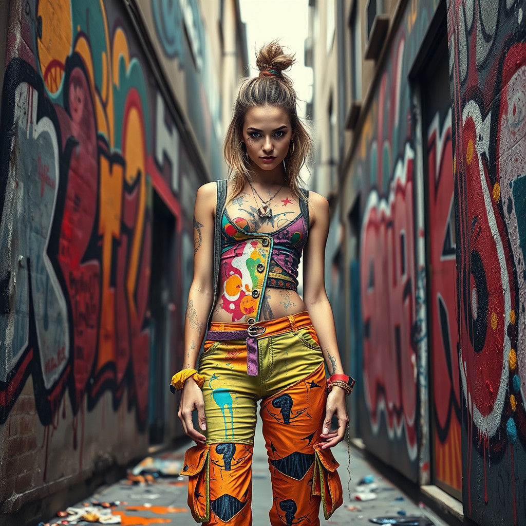 Vibrant Woman Creating Graffiti Art in Urban Alleyway