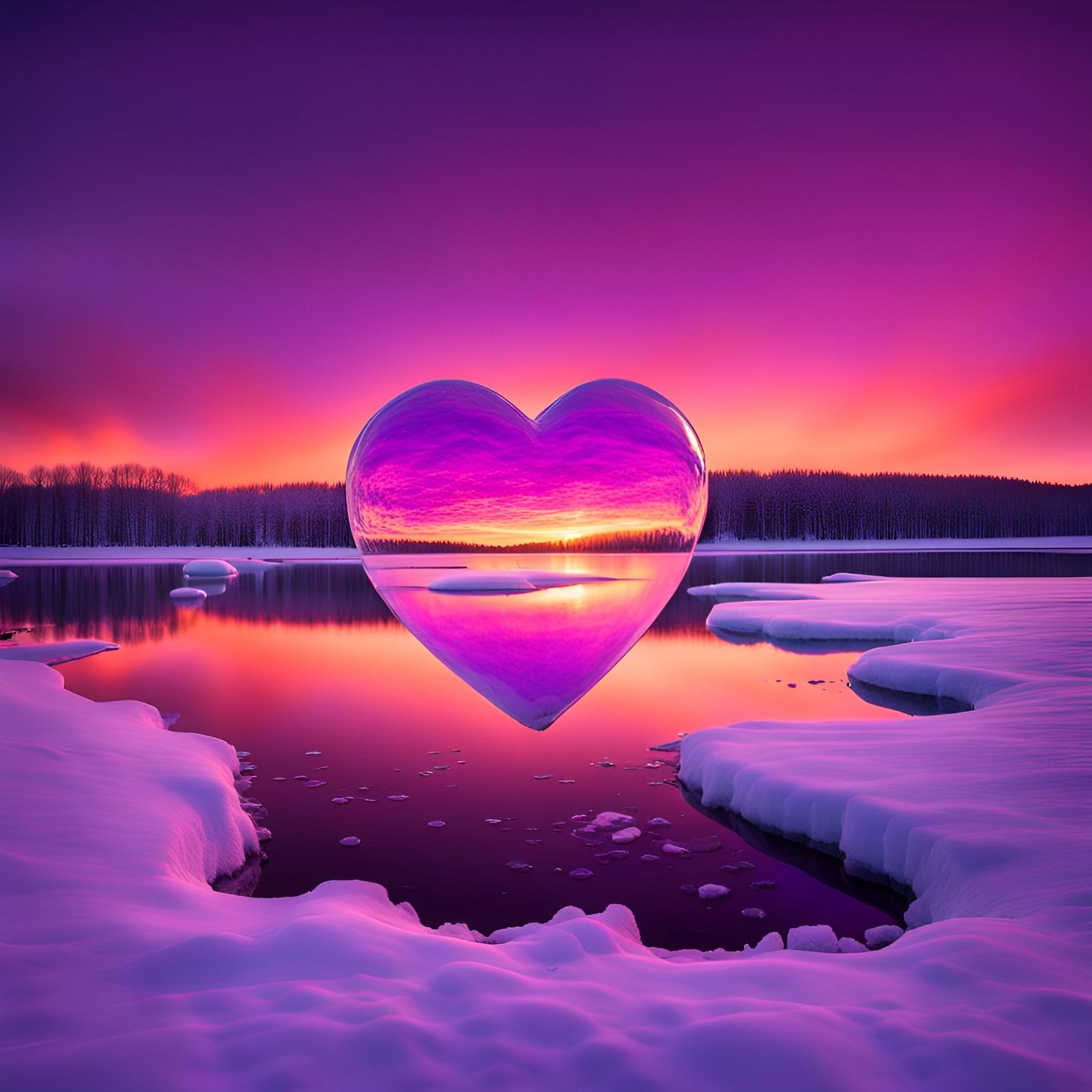 Heart Symbol Reflecting Purple Light Under Ice