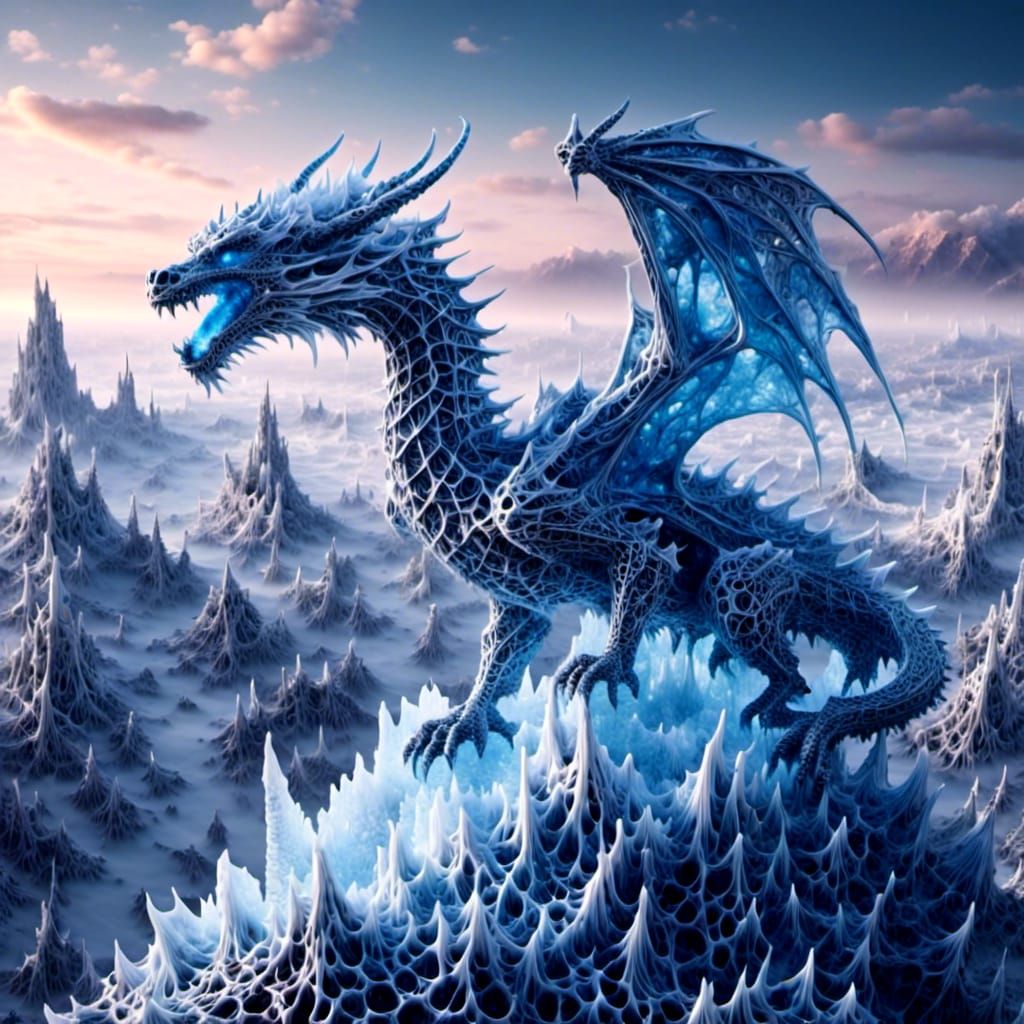 Ice Dragon Portrait on Snowy Mountain