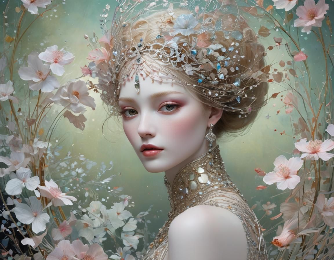 Iridescent Moonlight Nature Art Nouveau Illustration