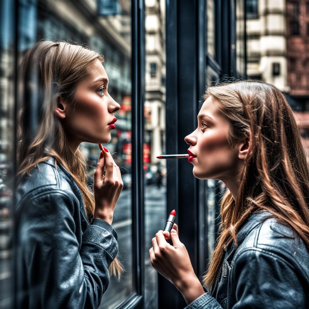 Hyperrealistic Young Woman Applying Lipstick in Window
