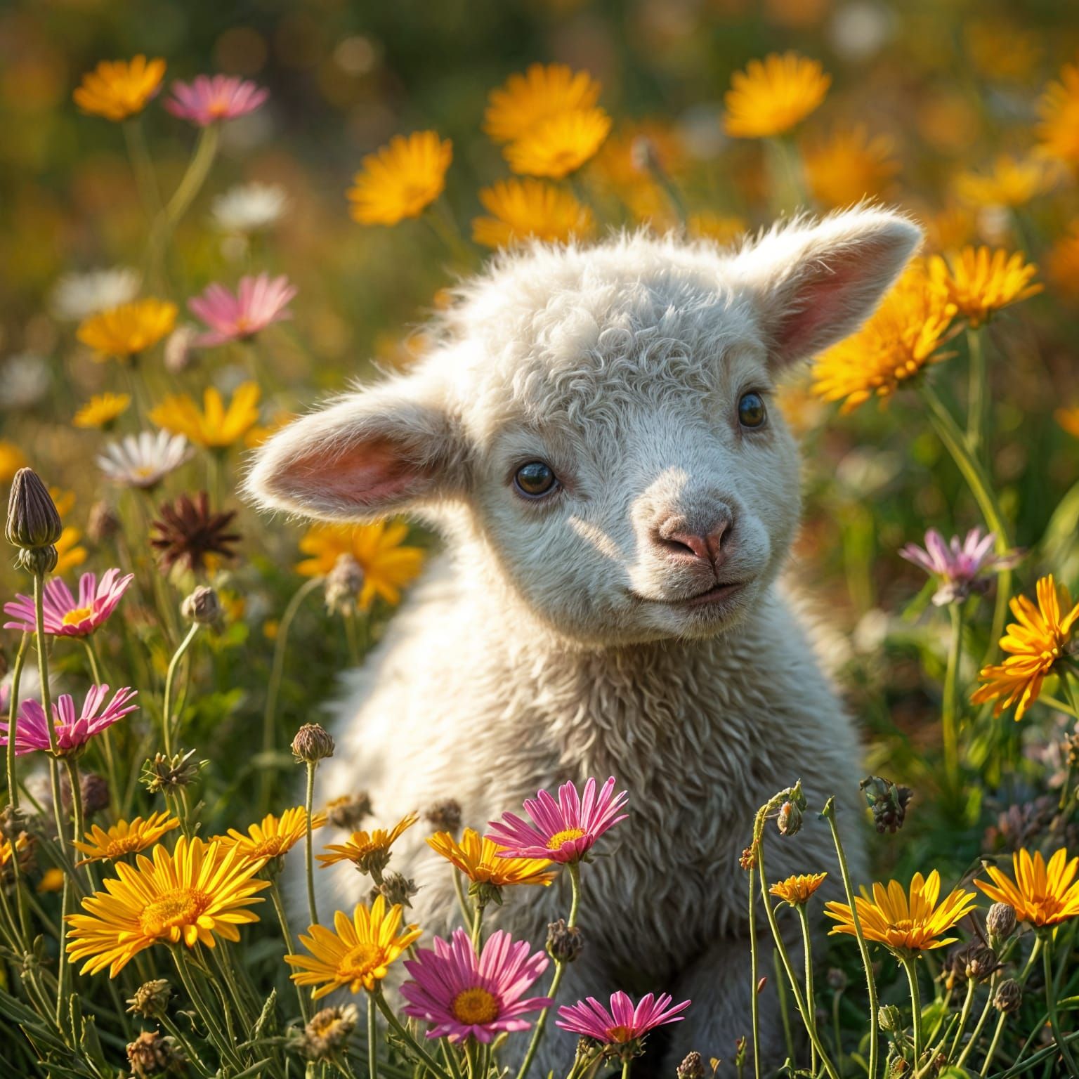 Cute Lamb in Wildflowers: Impressionistic Close-Up