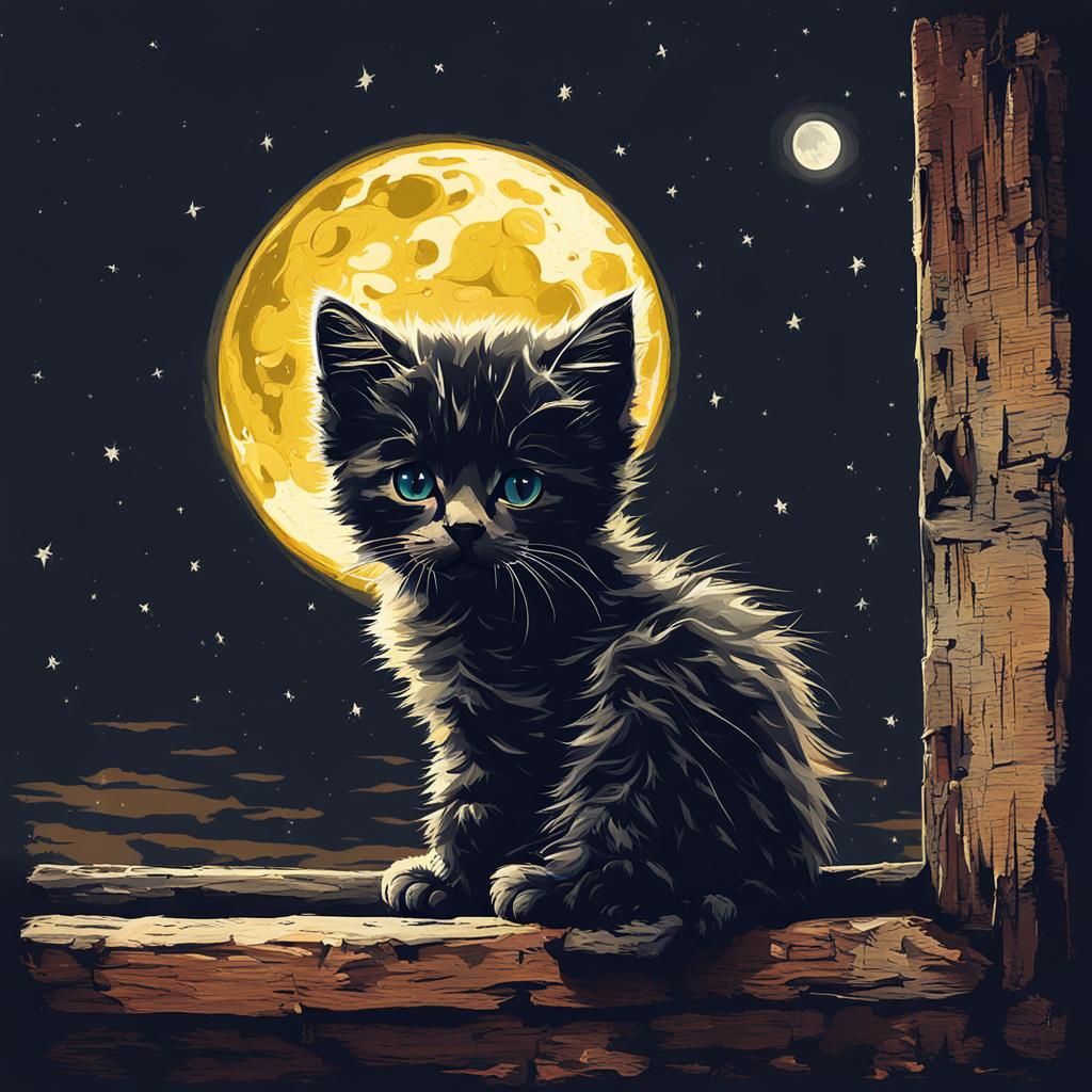 Kitten Gazing at Moon in Ragged Paint Style