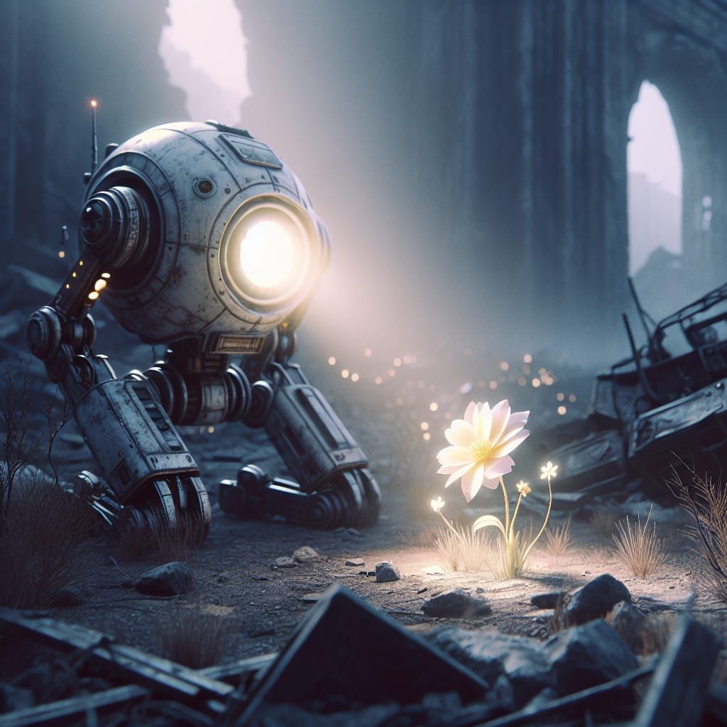 Robot Finds Hope: Flower in Wasteland