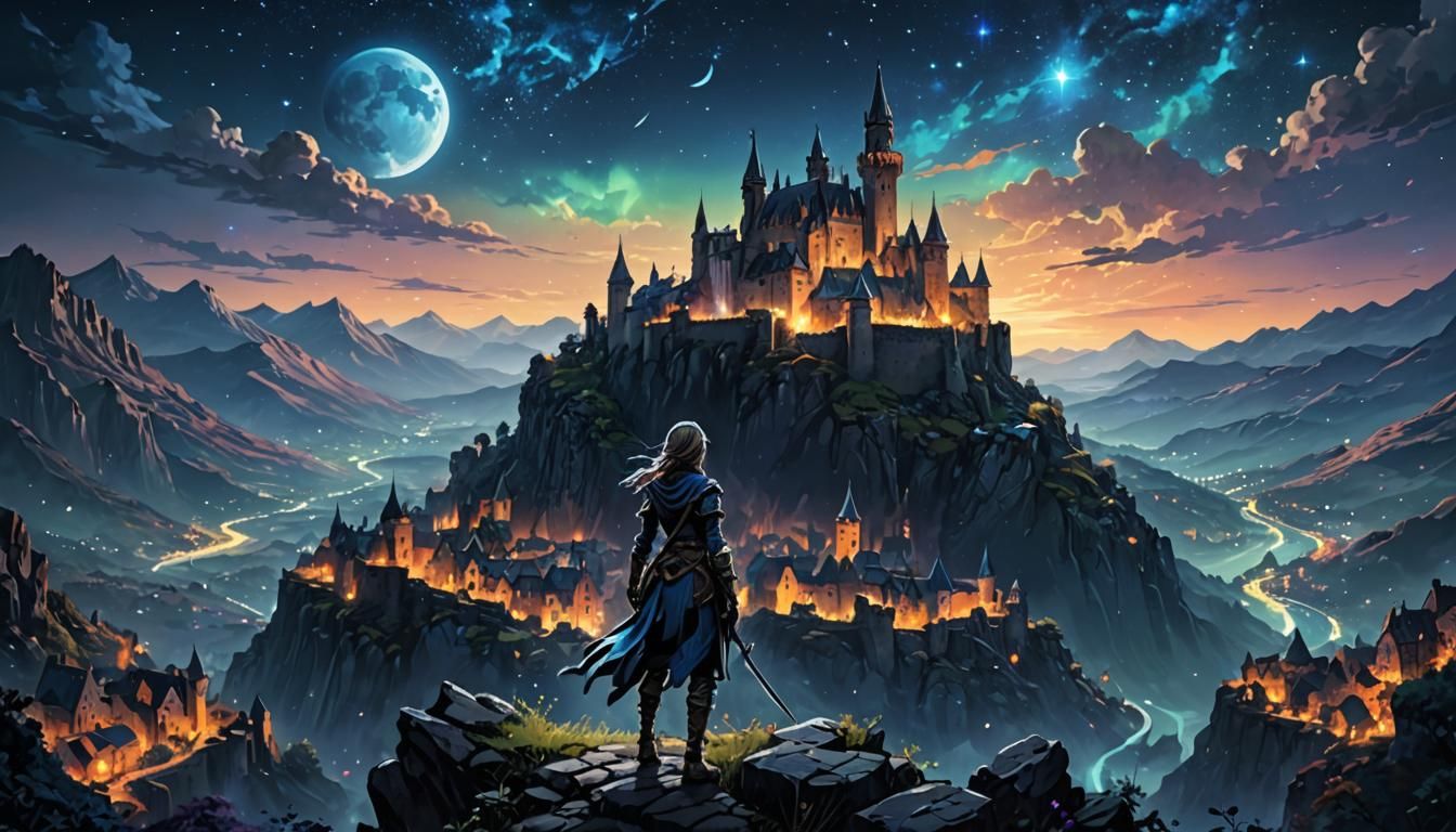 Colorful Fantasy Landscape with Adventurer