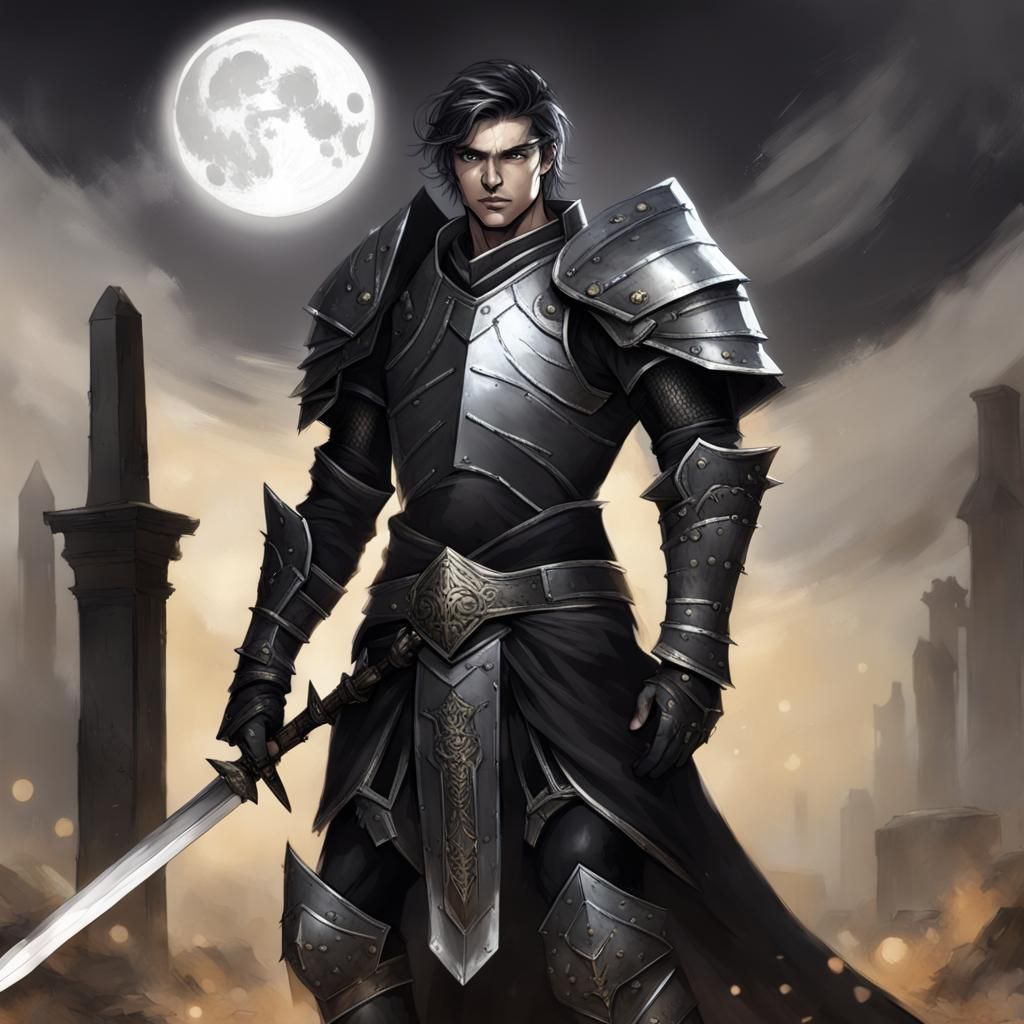 Fallen Aasimar Paladin of Shadows in Dark Armor