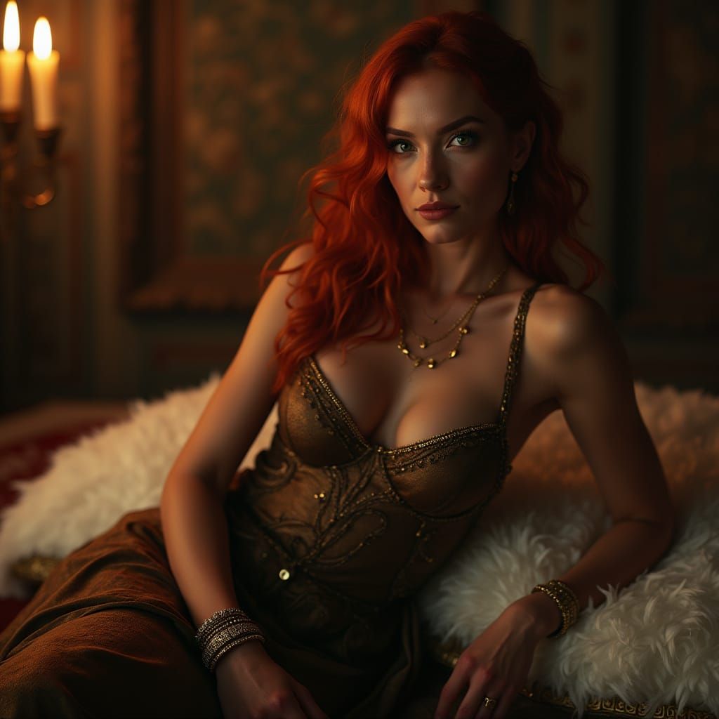 Noir Portrait of Confident Red-Haired Woman in Silk Gown