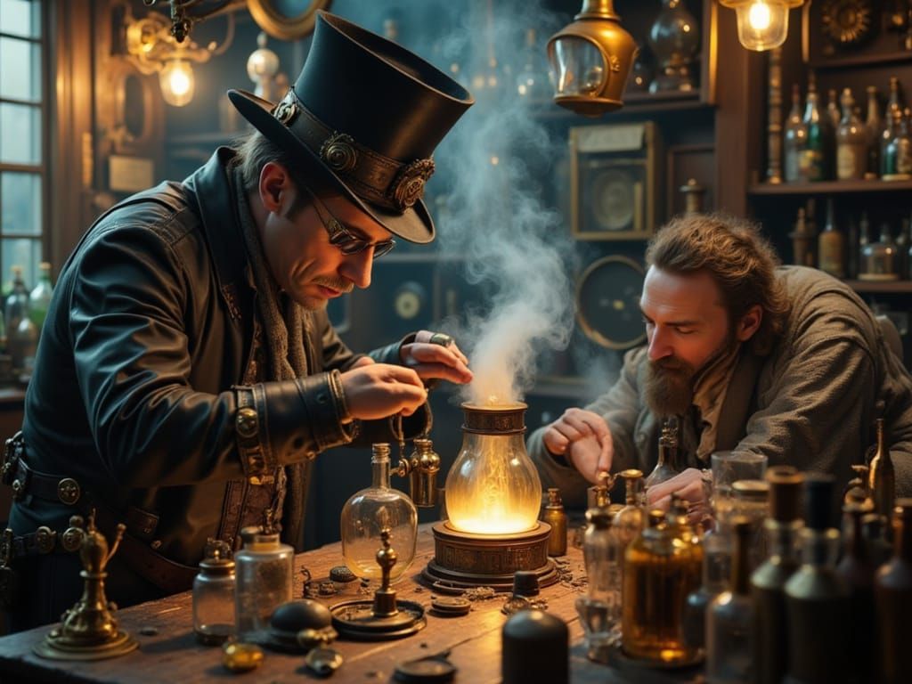 Steampunk Magician Prepares Glowing Potion Next to Drunken C...