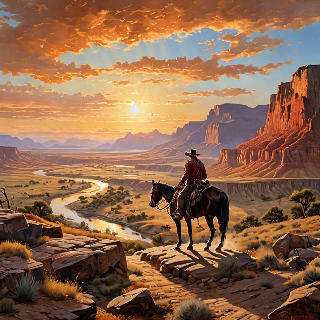 Cowboy Sunset Over Red River Valley: Western Scene