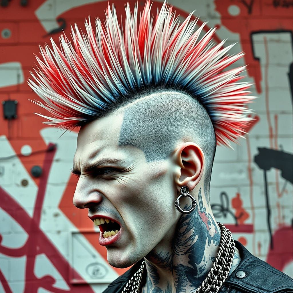 Punk Rock Icon with Union Jack Mohawk in Grimy Graffiti Styl...