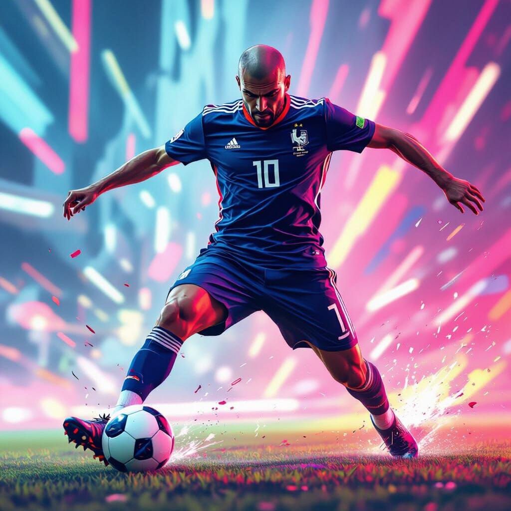 Zidane Kicking Soccer Ball in Neon Style