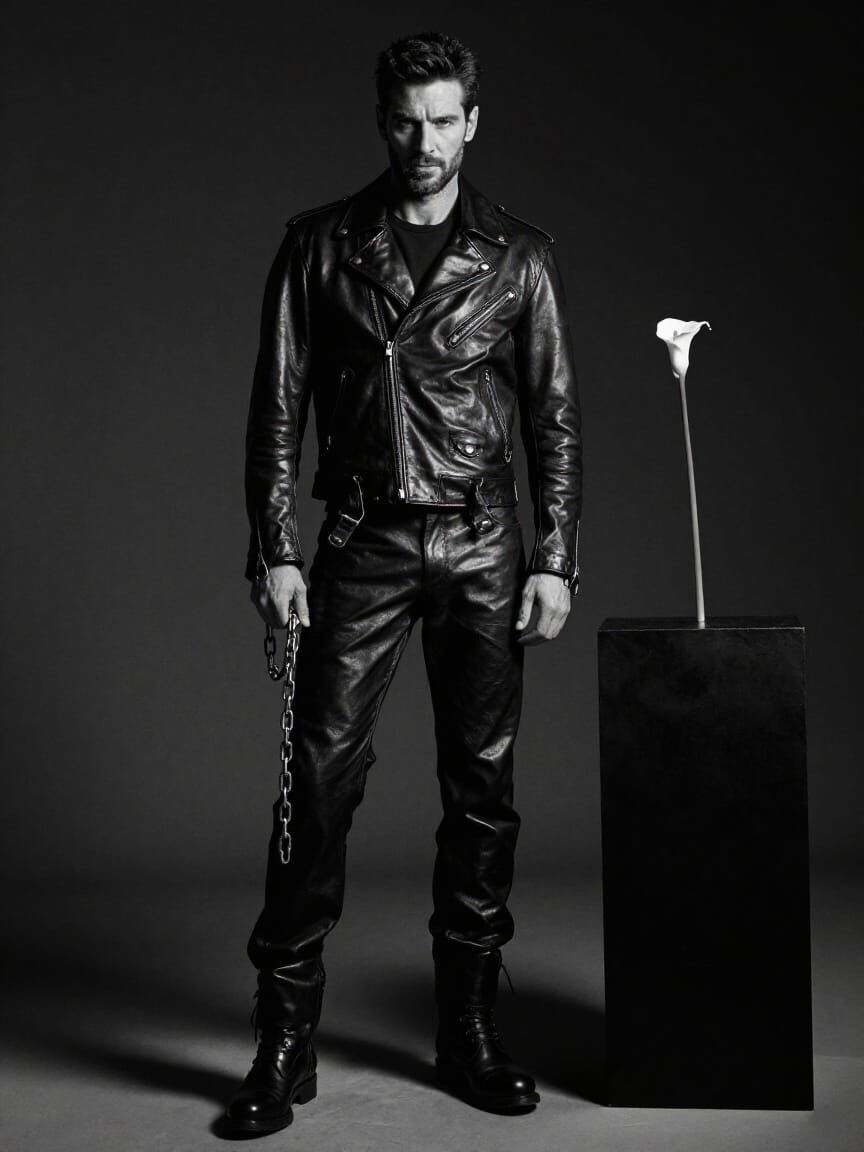 Rugged Biker in Noir Studio with Calla Lily