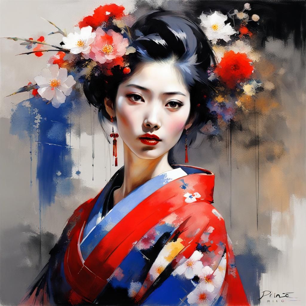Beautiful Japanese Woman in Kimono with Flowers