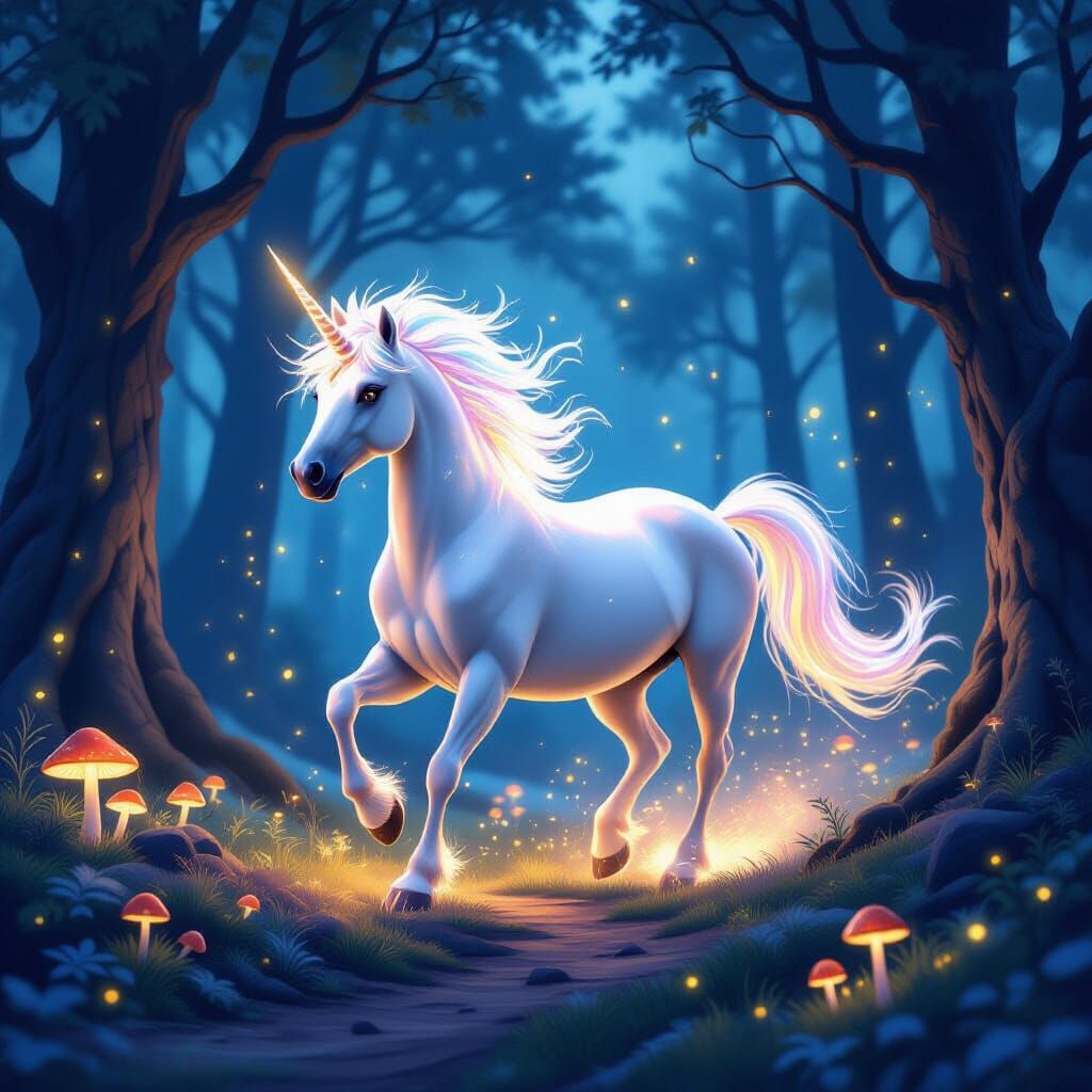 Luminescent Unicorn Galloping Through Mystical Forest