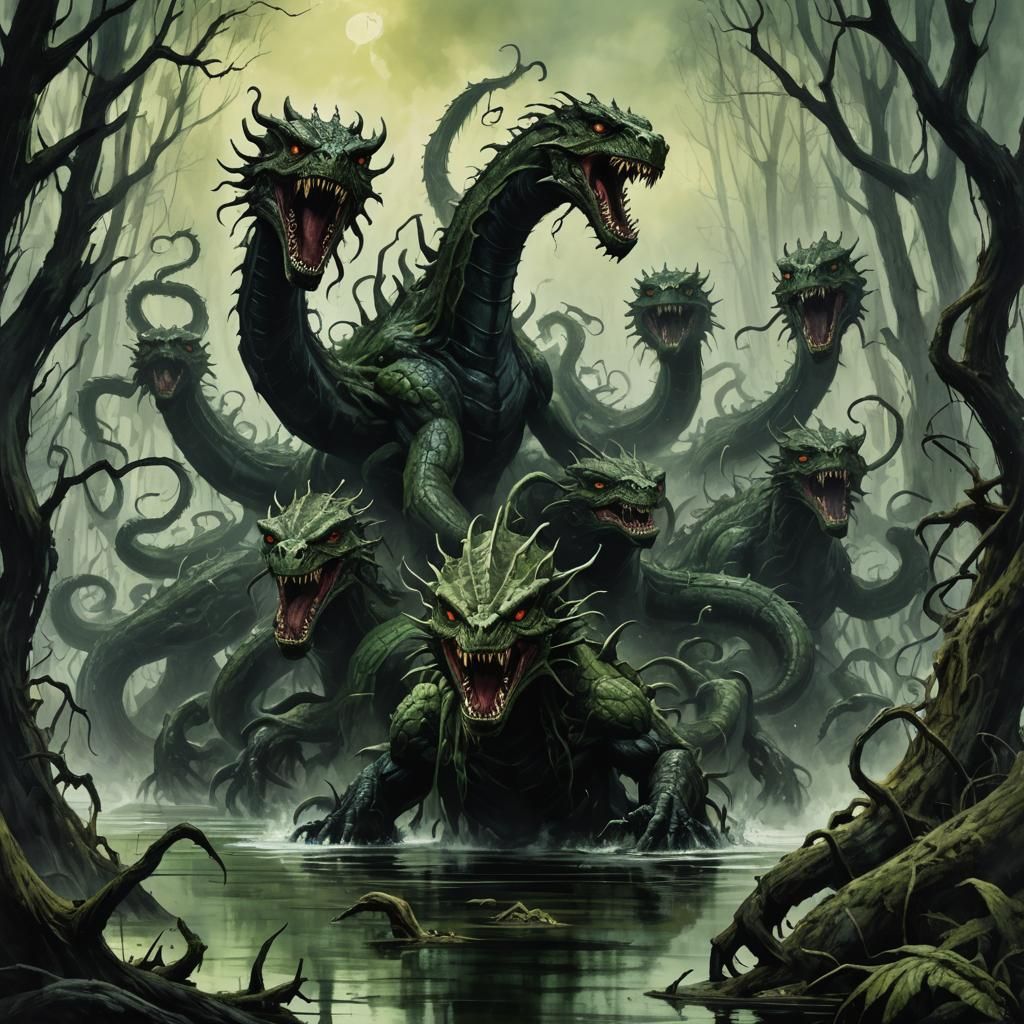 Hydra Attack in Murky Swamp: Cinematic Illustration