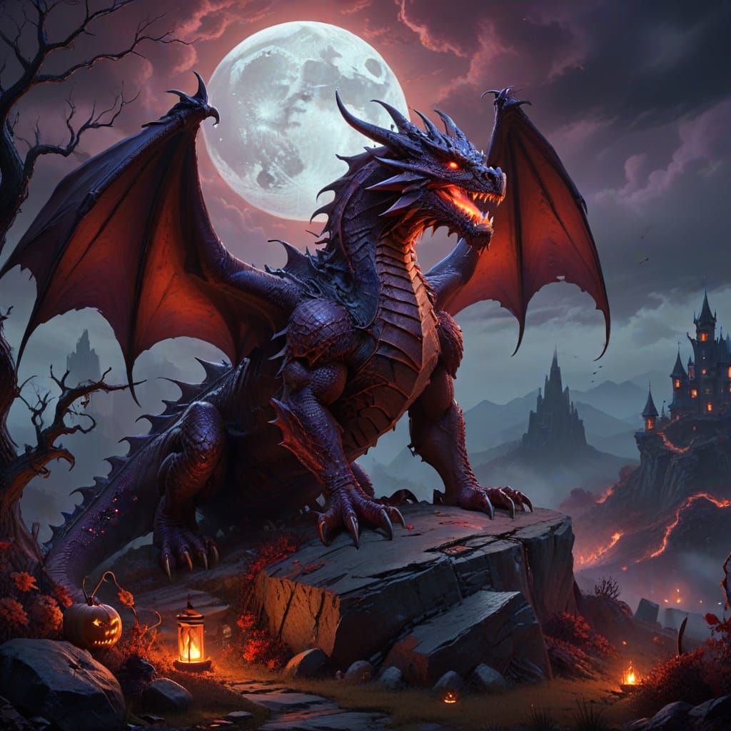 Majestic Red Dragon on Halloween Hill Under Full Moon