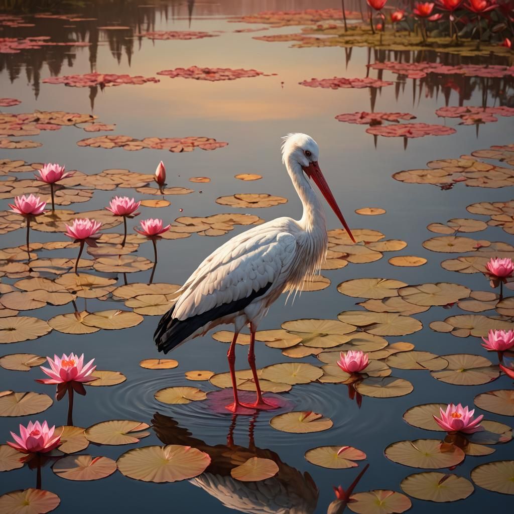 Stork in Lotus Lake at Sunset in Golden Light