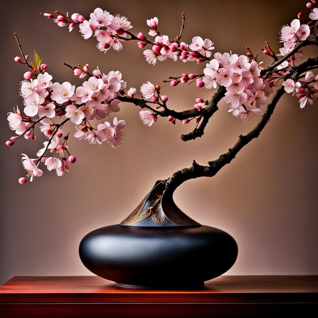 Ikebana Cherry Blossom Arrangement in HDR Style