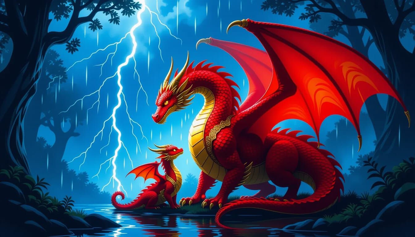 Majestic Red Dragon Sheltering Young: Alcohol Ink Art