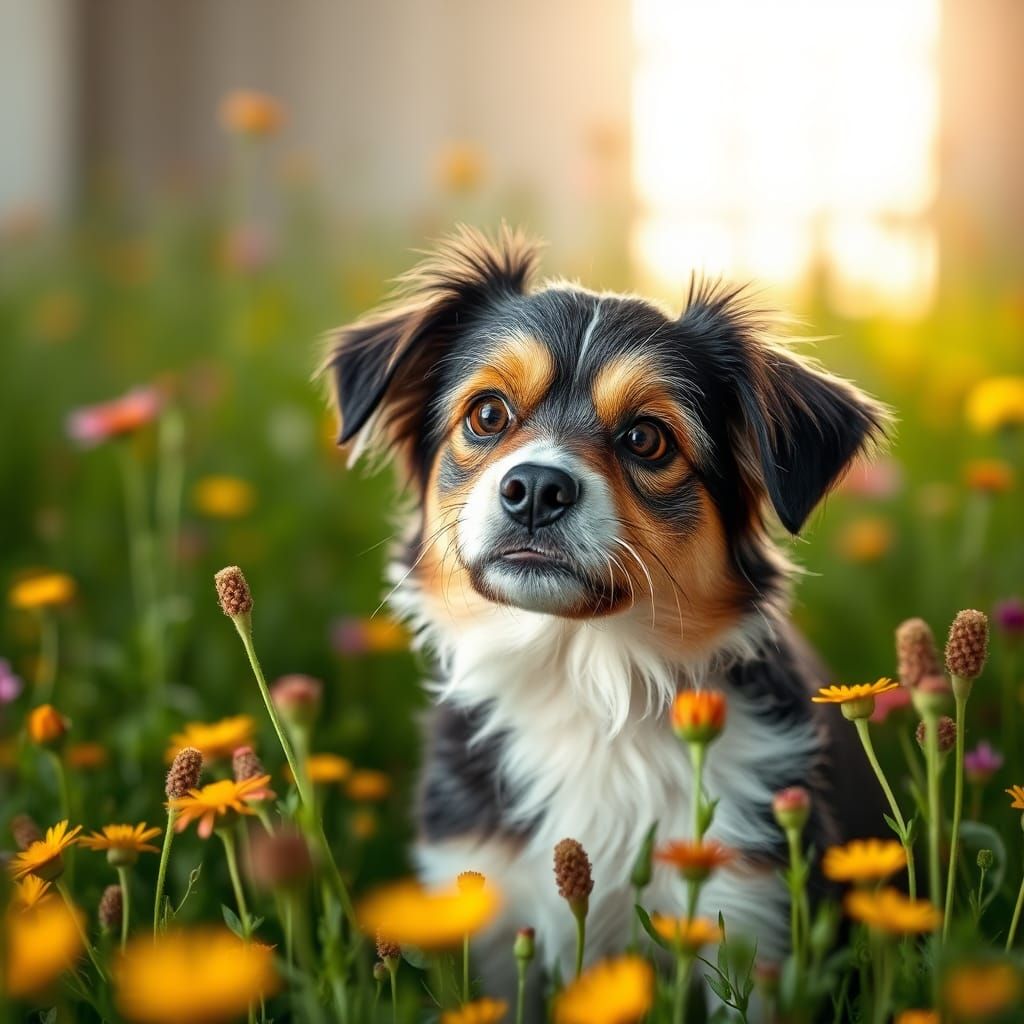 Three-Eyed Dog in Wildflower Meadow, Studio Portrait