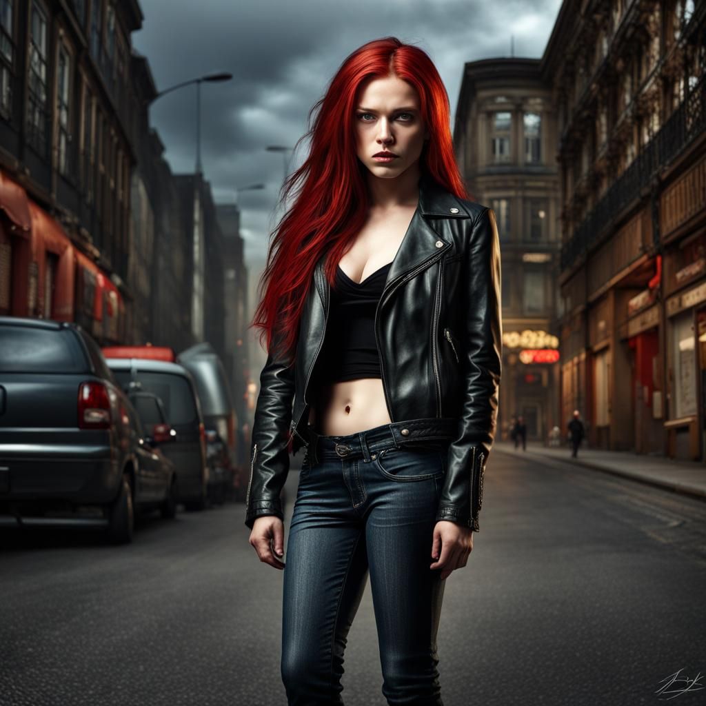 Red Haired Woman in Leather Jacket on Dark Street