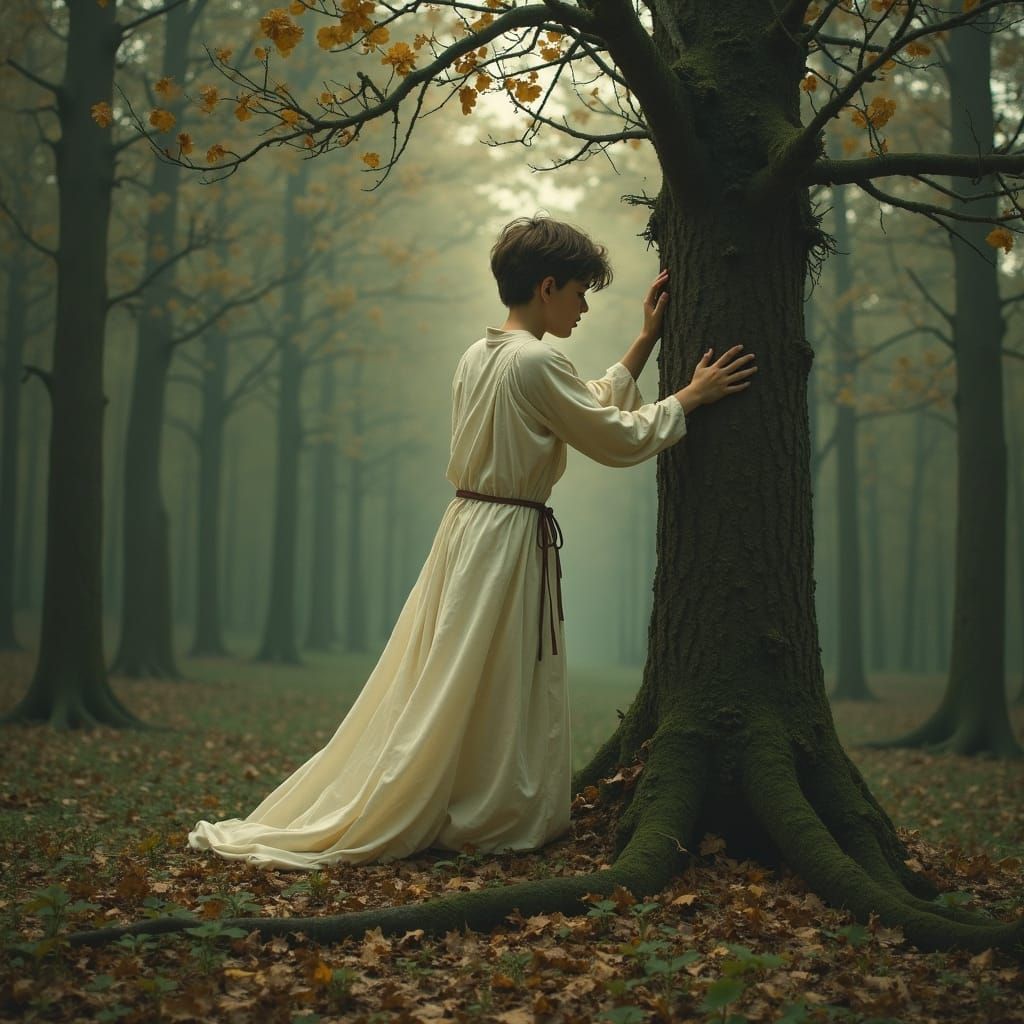 Boy Fells Tree in Forest, Detailed Art