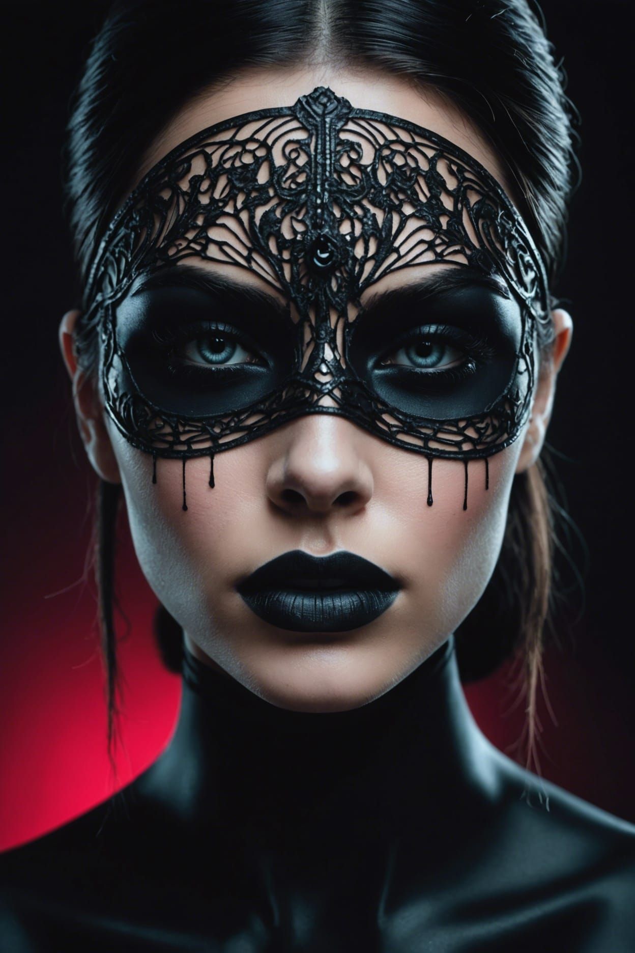 Porcelain Face with Ink Tears and Neon Lips