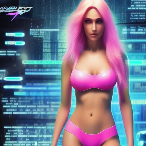 Cyberpunk Woman in Bikini in Neon Cityscape