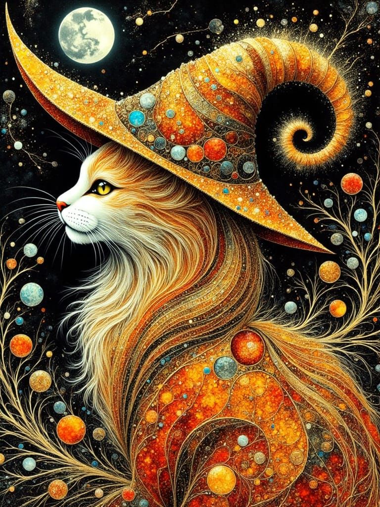 Halloween Cat Witch in Abstract Alcohol Ink Style