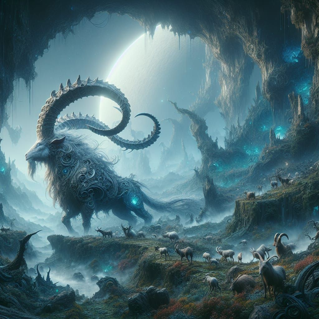 Fantastical Horned Animal in Detailed Matte Painting