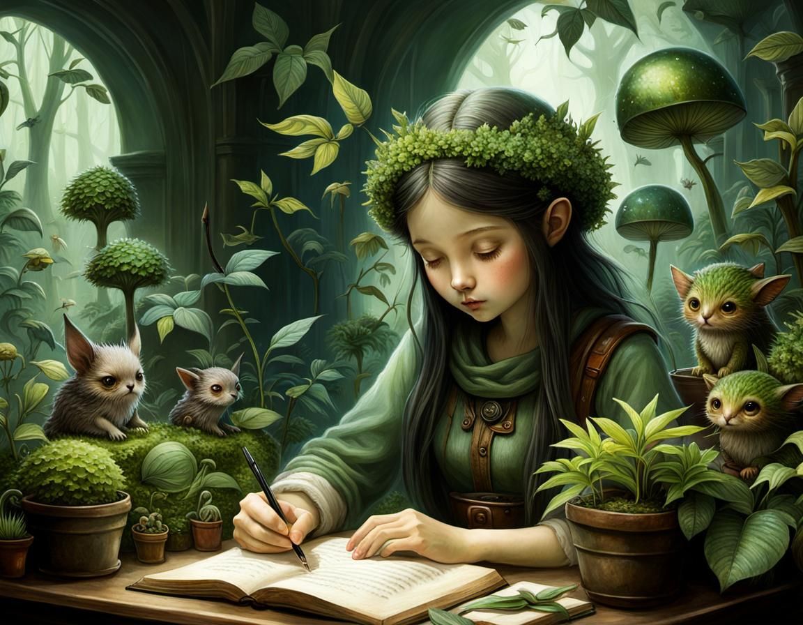 Girl Studying Surrounded by Woodland Sprites