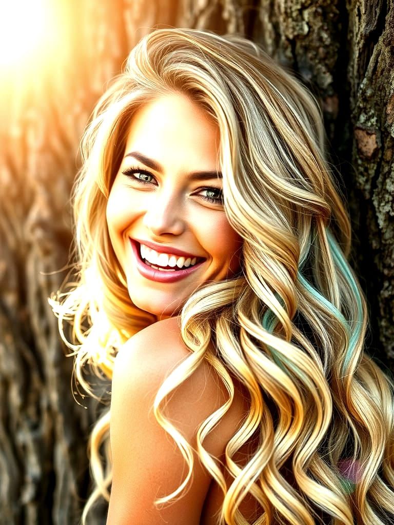 Woman in Wavy Blond and Aqua Hair Peeks Around Tree with Spa...