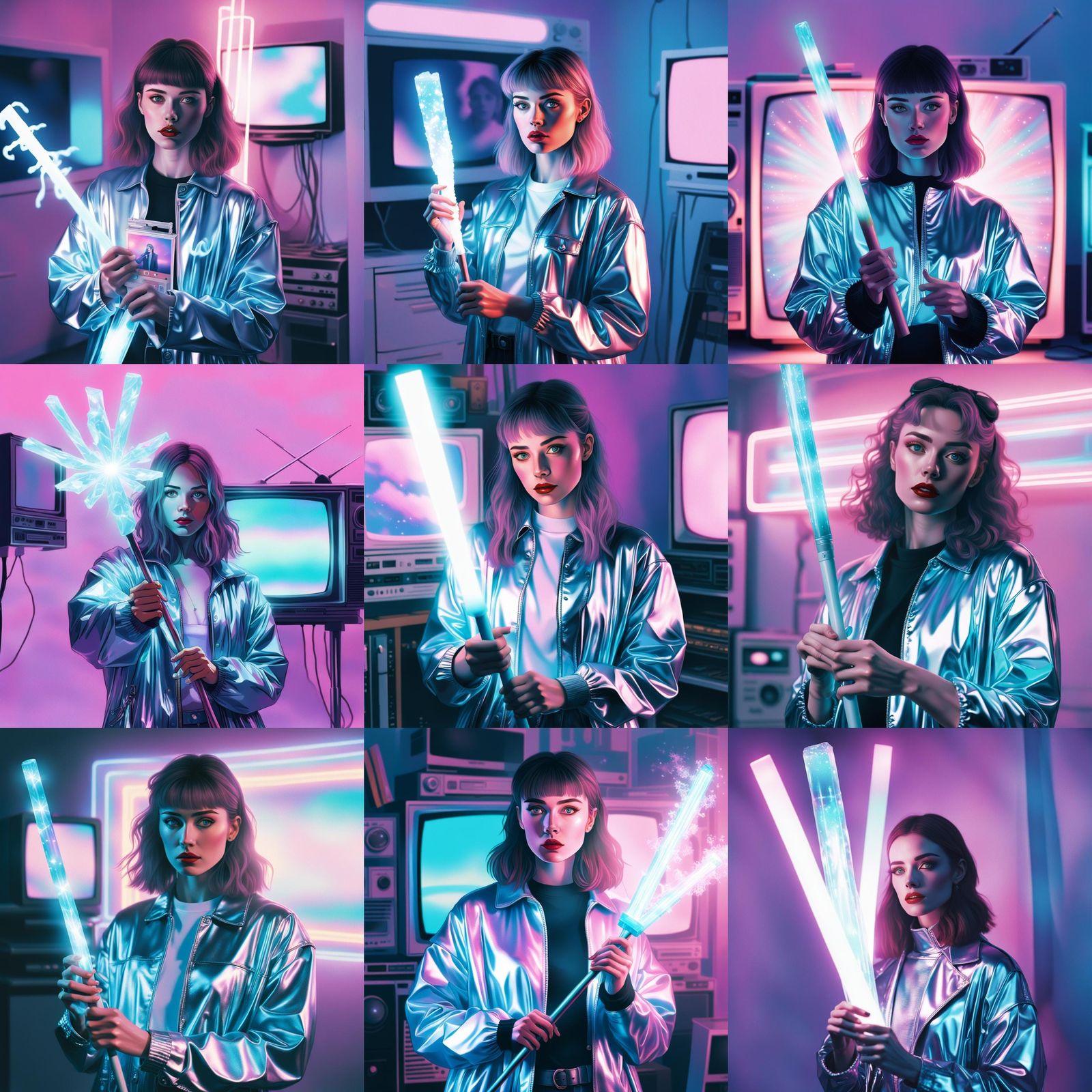 Y2K Girl with Vaporwave Staff in VHS Style