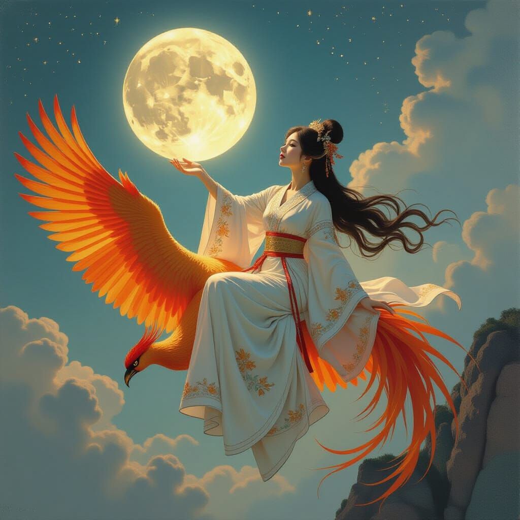 Girl on Phoenix Reaching for the Moon: Surreal Oil Painting