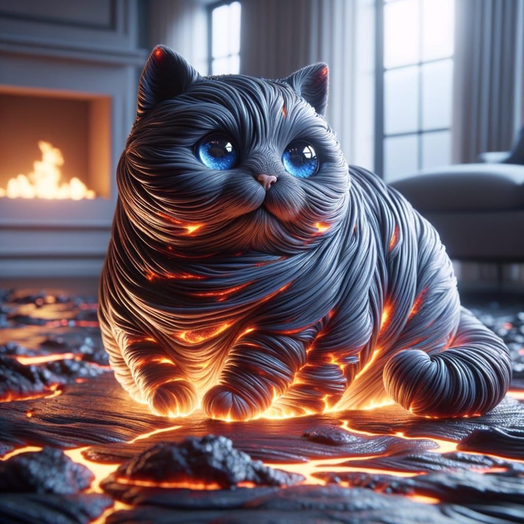 Lava Cat in Living Room: 16k Photorealistic Masterpiece