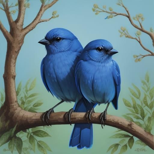 Bluebirds' Song: A Detailed Gouache Painting