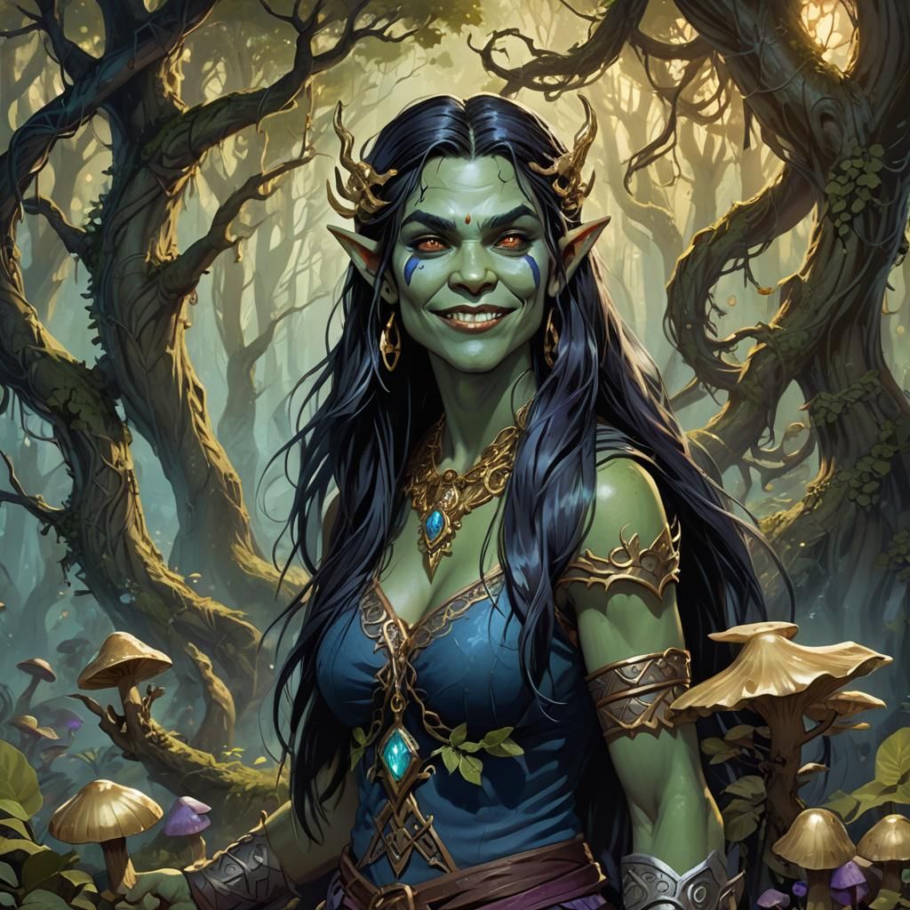 Happy Half-Orc in Mystical Forest, Fantasy Art