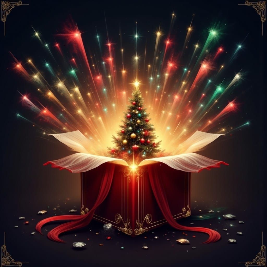Christmas Scene Unfolds from Ornate Gift Box in Vibrant Tech...