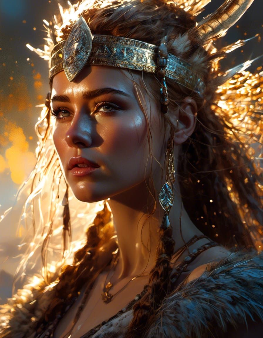 Viking Queen Portrait with Golden Sunlight Aura